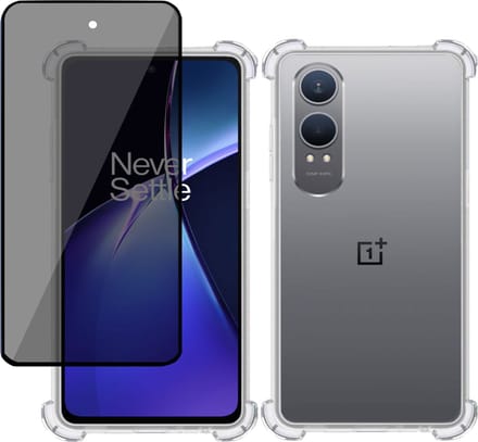 Hoesje + Privé Screenprotector geschikt voor OnePlus Nord CE4 Lite – Privacy Tempered Glass - Case Transparant