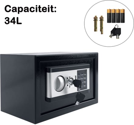 Elektronische Kluis met Codeslot & Sleutel 38 x 30 x 30cm – Geldkluis / Documentenkluis – Compacte Safe voor Thuis & Kantoor – Zwart/Zilver