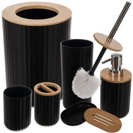 Ruhhy badkamerset - 6 delig - zwart - kunststof/RVS/bamboe - toiletset - badkamer accessoires