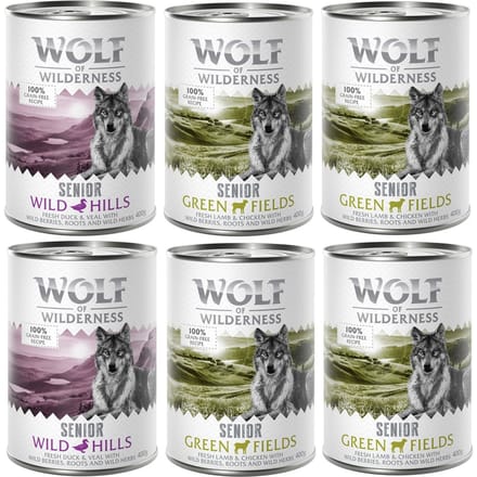 6 x 400 g Wolf Of Wilderness Lam & Kip, Eend & Kalf Honden Natvoer