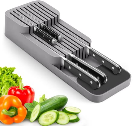 Messenhouder Lade Organizer - Grijs - Compact Dubbel Laags Messenblok - Voor de Meeste Standaard Keukenladen