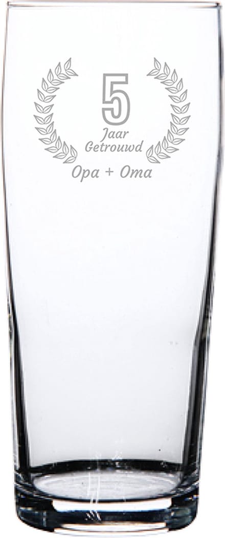 Gegraveerde bierfluitje 19cl Opa + Oma 5 jaar getrouwd