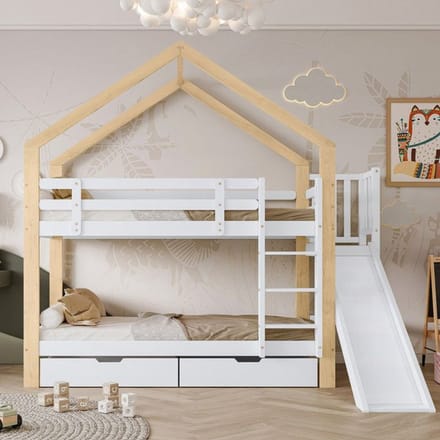 Lit superposé - 90x200 cm - Bois massif - Toboggan - Échelle inclinée sécurisée blanc