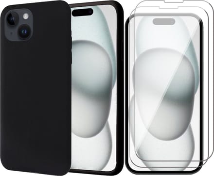 Hoesje geschikt voor iPhone 15 Plus - 2x Screen Protector GlassGuard - Back Cover Case SoftTouch Zwart & Screenprotector