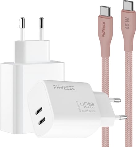 Phreeze usb C snellader 40 W - Met roze usb C kabel - Power Delivery oplader met 2 usb C poorten - en Laptop