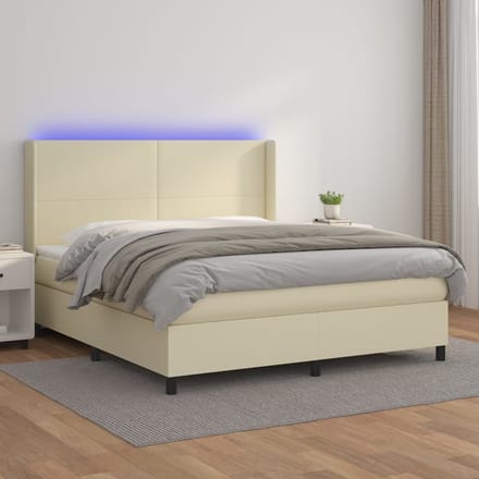 vidaXL - Boxspring - met - matras - en - LED - kunstleer - crèmekleurig - 160x200 - cm