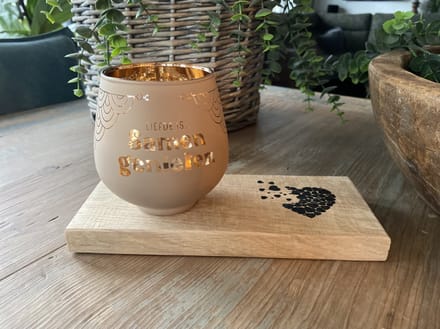 Creaties van Hier - Valentijnsdag - Kaarsen - Theelichthouder met Plankje - Glas - 9,4x8,9 cm