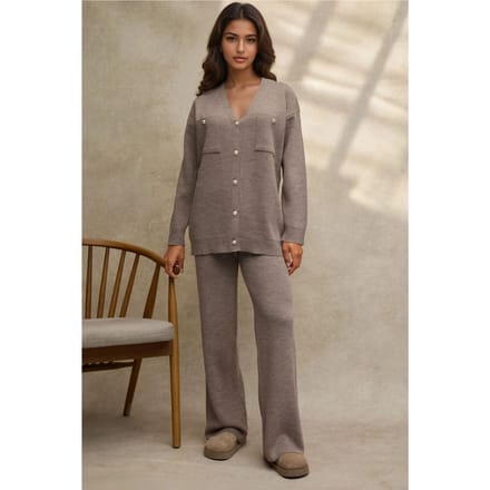 V-hals Cardigan & Hoge Taille Wijde Pantalon Gebreid Set