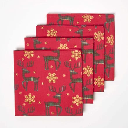 Homescapes Kerstservetten rendier, set van 4, rood