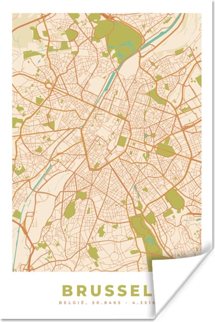 Poster Brussel - Stadskaart - Plattegrond - Kaart - Vintage - 20x30 cm