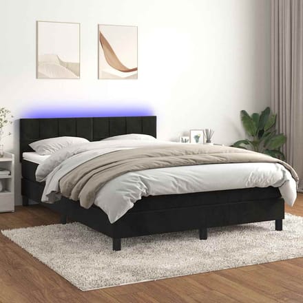 vidaXL - Boxspring - met - matras - en - LED - fluweel - zwart - 140x190 - cm
