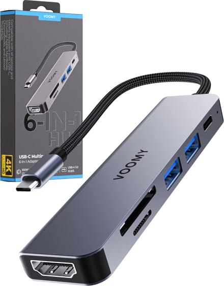 Voomy USB C Hub - 6 in 1 - 4K HDMI - USB C 100W - SD / Micro SD / TF Kaart lezer - USB A 3.0 - Docking Station - USB Splitter - USB-C naar HDMI - Thunderbolt - USB C USB A - Geschikt voor Macbook Pro / Air / Windows / Universeel