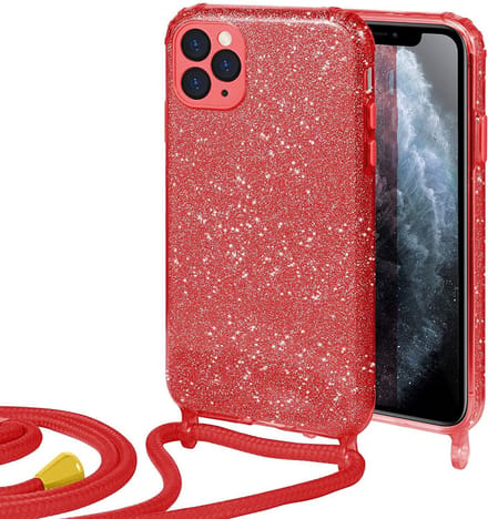 HB Hoesje Geschikt voor Apple iPhone 12 Pro Max - Rood - Glitter Back Cover met Koord