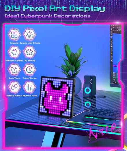 LED Pixel Art Display Frame with Clock Phone Control Bluetooth Programmable LED Sign Panel for Desktop Wall Art (16 x 16 PX)