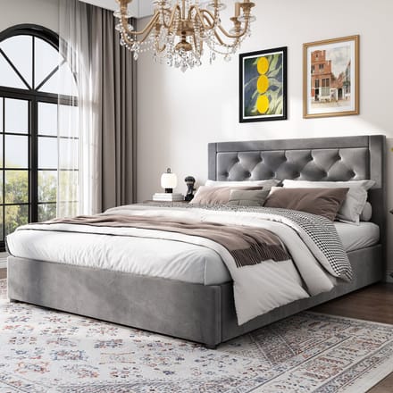 REDOM Bedframe 140x200 cm – Fluweel grijs – Chesterfield-stijl – Hydraulische opbergruimte – Luxe