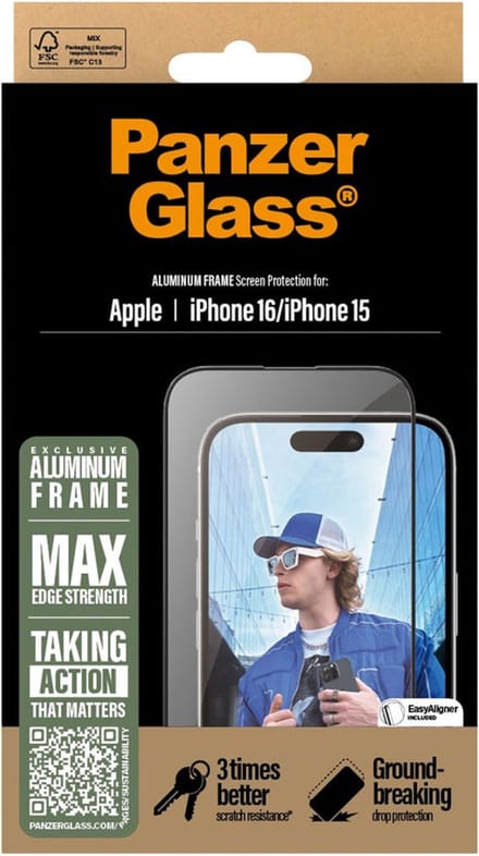 PanzerGlass Screenprotector geschikt voor Apple iPhone 16 Glazen | PanzerGlass Ultra-Wide Fit Screenprotector - Case Friendly + Installatie Frame