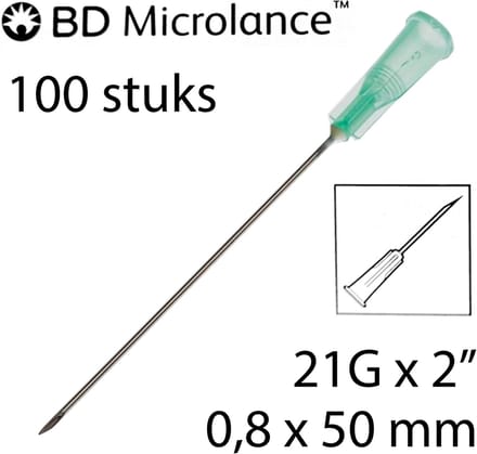 BD Microlance - Injectienaald - 0,8 x 50mm - 100 st. - Groen - 21G x 2" (Steriele naalden)