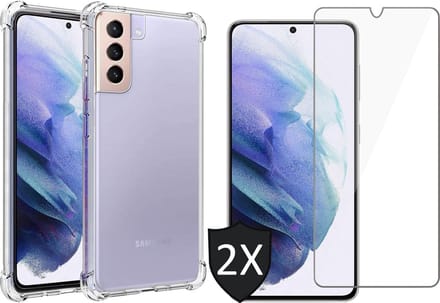 Hoesje geschikt voor Samsung Galaxy S21 Plus - 2x Screen Protector GlassGuard - Back Cover Case ShockGuard Transparant & Screenprotector