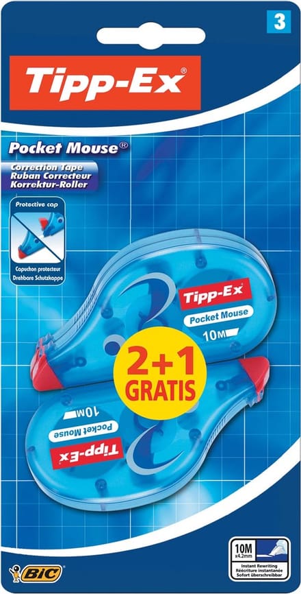 Tipp-Ex Pocket Mouse Correctierollers - 10 m x 4.2 mm - Pak van 2+1 Stuks