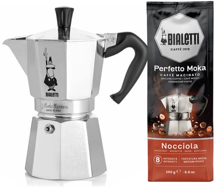 Bialetti Moka Express 2 kops + Bialetti Hazelnoot gemalen koffie 250gr