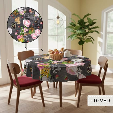 Raved Rond Tafelzeil ø 140 cm - Zwarte Bloemen - PVC - Afwasbaar