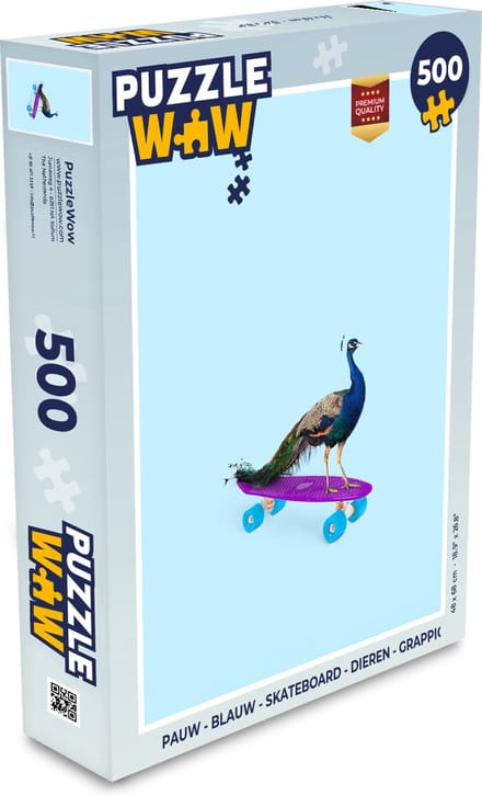 Puzzel Pauw - Blauw - Skateboard - Dieren - Grappig - Legpuzzel - Puzzel 500 stukjes