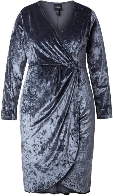 Ulla Popken - Dames - Midi-jurk van fluweel wikkellook V-hals lange mouwen - Leisteen - Maat 42