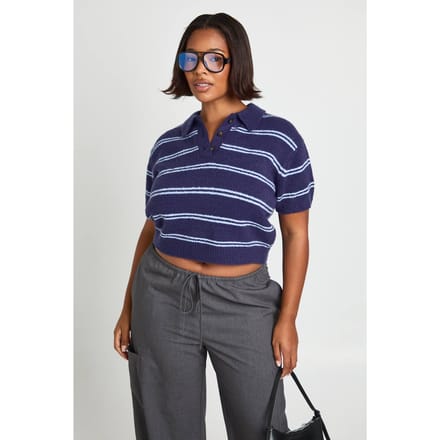 boohoo Dames Plus Kraag Gestreepte Gebreide Top | Blauw | Maat: 46