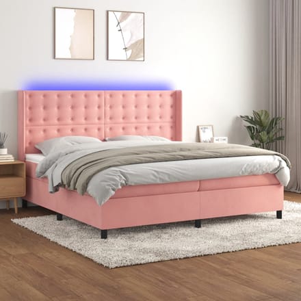 vidaXL - Boxspring - met - matras - en - LED - fluweel - roze - 200x200 - cm