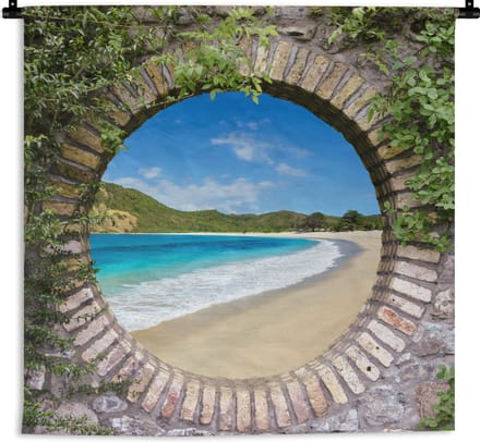 Wandkleed - Wanddoek - Strand - Zee - Doorkijk - 60x60 cm - Wandtapijt