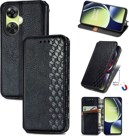 Luxe PU Lederen Ruitpatroon Wallet Case + PMMA Screenprotector voor OnePlus Nord CE 3 Lite _ Zwart