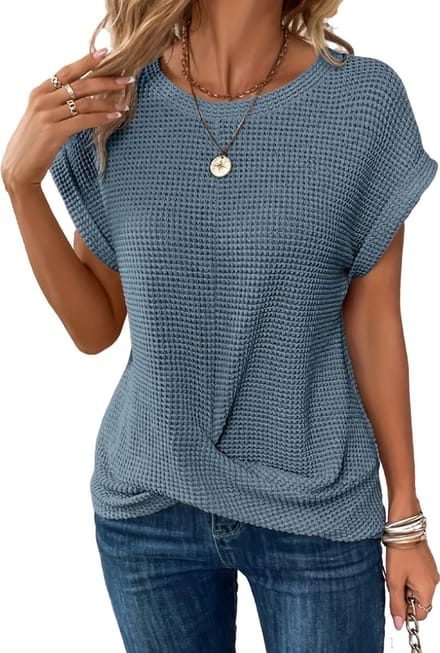Geweven Dames Tshirt - Gebreid - Shirt - Zomer - Blauw - Opgerolde Mouw