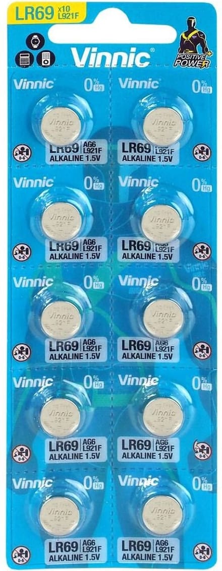 AG6 Alkaline Knoopcelbatterijen LR69 - 10 stuks, 1.5V, 9.5mm diameter, 2.1mm hoogte