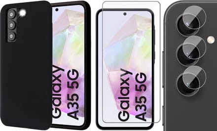 Hoesje geschikt voor Samsung Galaxy A35 - Screenprotector Glas & Camera - Mat Back Case Zwart