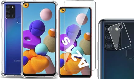 Hoesje geschikt voor Samsung Galaxy A21s - Screenprotector Glas & Camera Screen Protector - Transparant Shock Case