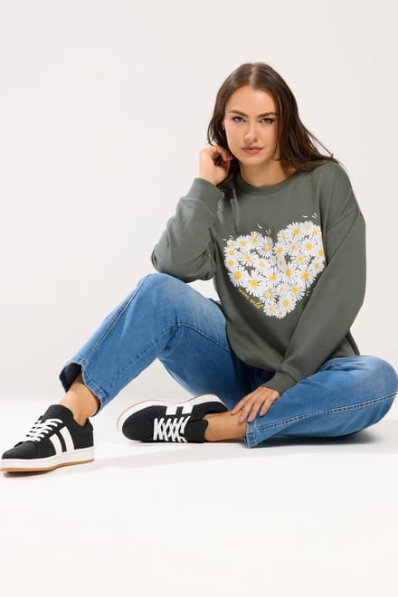 Yours Saliegroen Sweatshirt Met Madeliefjesprint En Studs Size 46