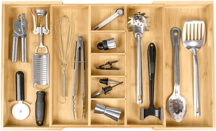 Verstelbare keukenlade organizer met 9 compartimenten van bamboe - Expandeerbaar tot 71,1 cm