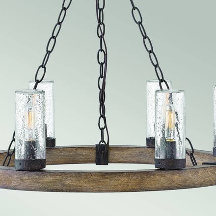 Hinkley LED Kroonluchter | 6X E27 Max 40W | IP44 | Sequoia wood effect with rust Iron accents & Clear