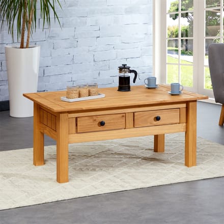 Salontafel CANCUN met twee lades - grenen, gebeitst/gewaxt