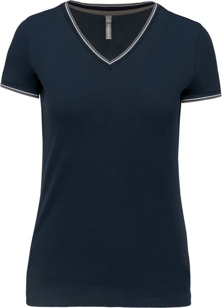 Kariban Dames-t-shirt piqué V-hals K394 - Navy / Light Grey / White - S