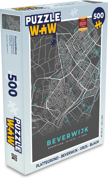 Puzzel Plattegrond - Beverwijk - Grijs - Blauw - Legpuzzel - Puzzel 500 stukjes - Stadskaart