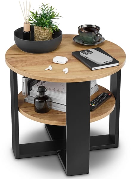 defiPad Salontafel Rond Ø53 cm - Bijzettafel - Zwart + Eiken Craft met Plank