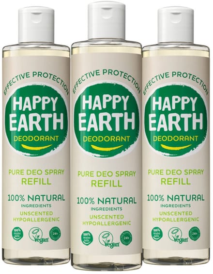 Happy Earth - 100% Natuurlijke Deo Spray Navulling Unscented - 3 x 300 ml - Voordeelverpakking