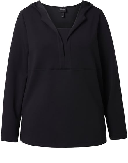 Ulla Popken - Dames - Sweatshirt capuchon V-hals lange mouwen modalmix - Zwart - Maat 46+