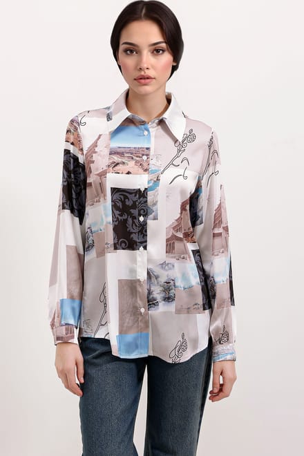 Satin Lange Mouwen Overhemd met Knoopsluiting