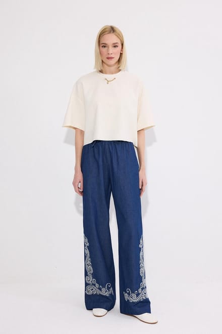 Touché Privé - Geborduurde broek met elastische taille - Blauw - Dames