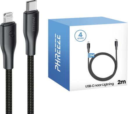 Kabel geschikt voor iPhone met Lightning naar usb C - 4 pack - 20w - 2 meter - Zwart - Phreeze