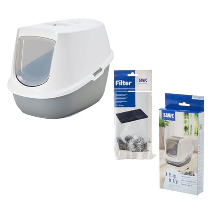 Savic kattenbak Robin - Startersset: Toilet grijs/wit + 2 filters + 12 Opbergen