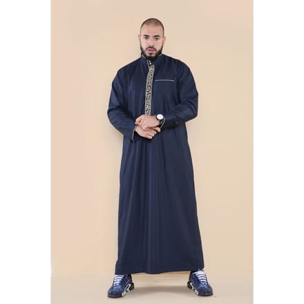 Mens Navy Thobe Jubba Emirati Islamitische Arabische Eid Borduur Kaftan Jubbah Robe