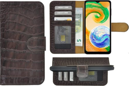 Samsung Galaxy A04s Hoesje - Bookcase - Samsung A04s Book Case Wallet Echt Leer Croco Chocoladebruin Cover